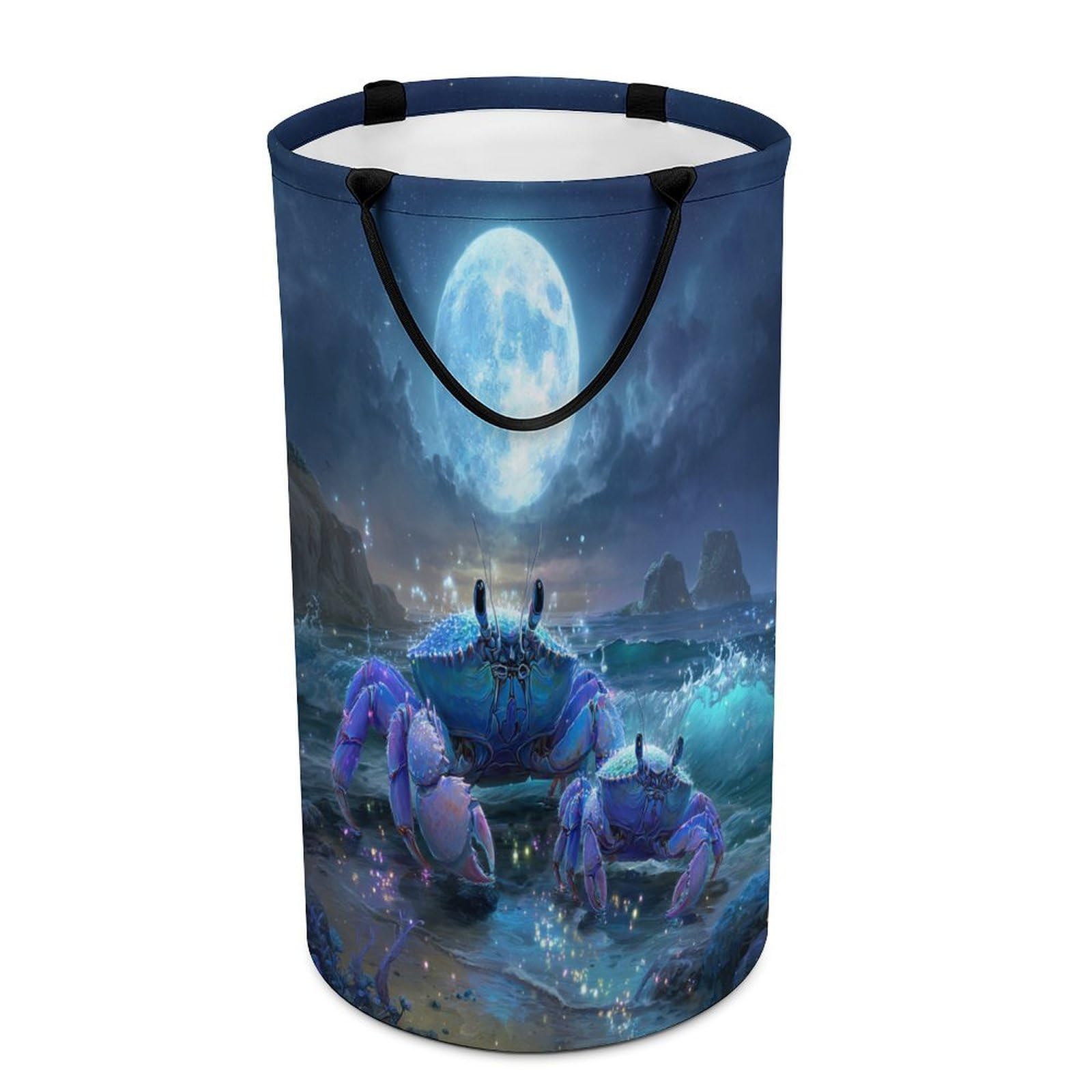 LUYYSKY Funny Cute Animal Crab Collapsible Dirty Clothes Basket, Fantasy Watercolor Full Moon Galaxy Seaside Beach Sea Life Crab Portable Clothes Storage Laundry Basket-40 CM Dia, 69 CM High
