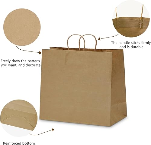 Miniatura 4 de TOWRAP Bolsas de papel kraft 50 unidades, 16 x 6 x 12 pulgadas, bolsas de regalo marrones con asas, a granel, bolsas de fiesta, bolsas de compras,