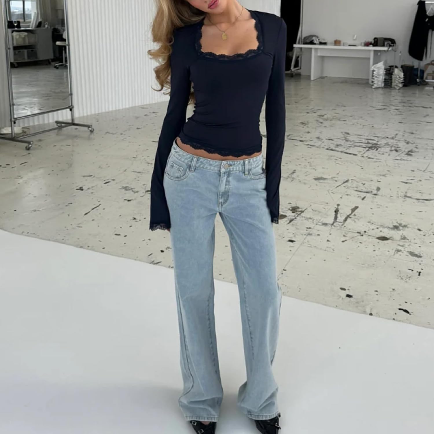 Womens Lace Trim Square Neck Shirt Y2k Bell Long Sleeve Crop Top Aesthetic Fairy Slim Fit Going Out Blouse - Image 7