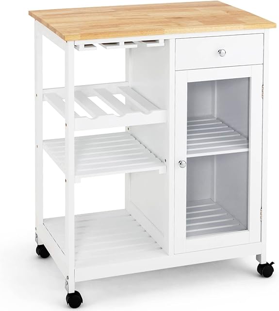 COSTWAY Kitchen Island on Wheels, Mobile Storage Trolley with Wine Rack, Glass Holder, Transparent Cabinet, Rubber Wood Top, Drawer & Open Shelves, Utility Serving Cart for Dining Room Bar