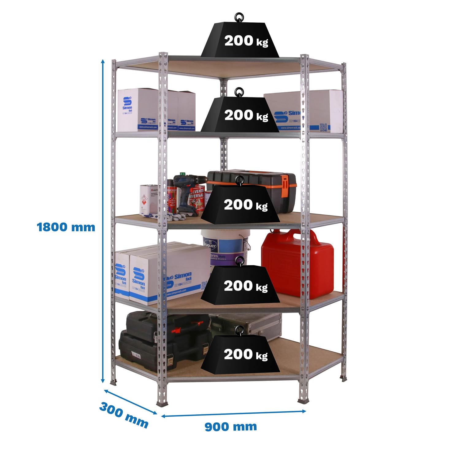 SimonRack Scaffale Metallo Garage Angolo, 5 Ripiani Legno, 200 kg di Punto di Flessione, 1800x900x300 mm, Scaffale Garage, Senza Viti, Zincato/Legno - Maderclick Corner