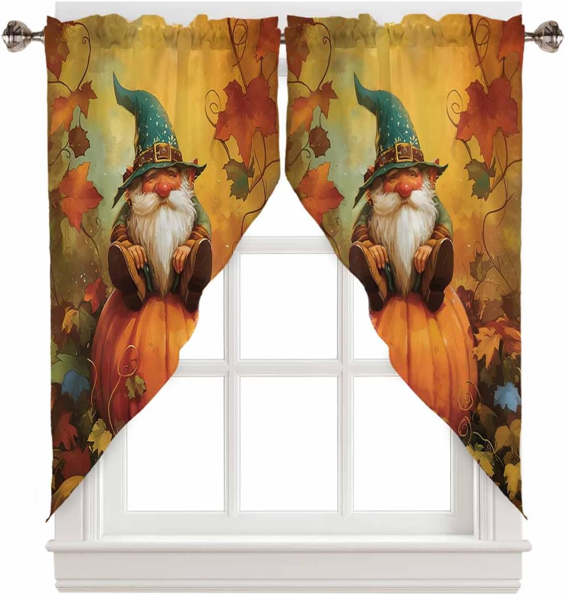 Curtain Swag Valance for Kitchen, Cute Maple Leaf Pumpkin Gnome Valance Window Treatment Curtain, Rod Pocket Swag Curtains Tier for Bathroom Farmhouses Bedroom Decor 28"x36"x2