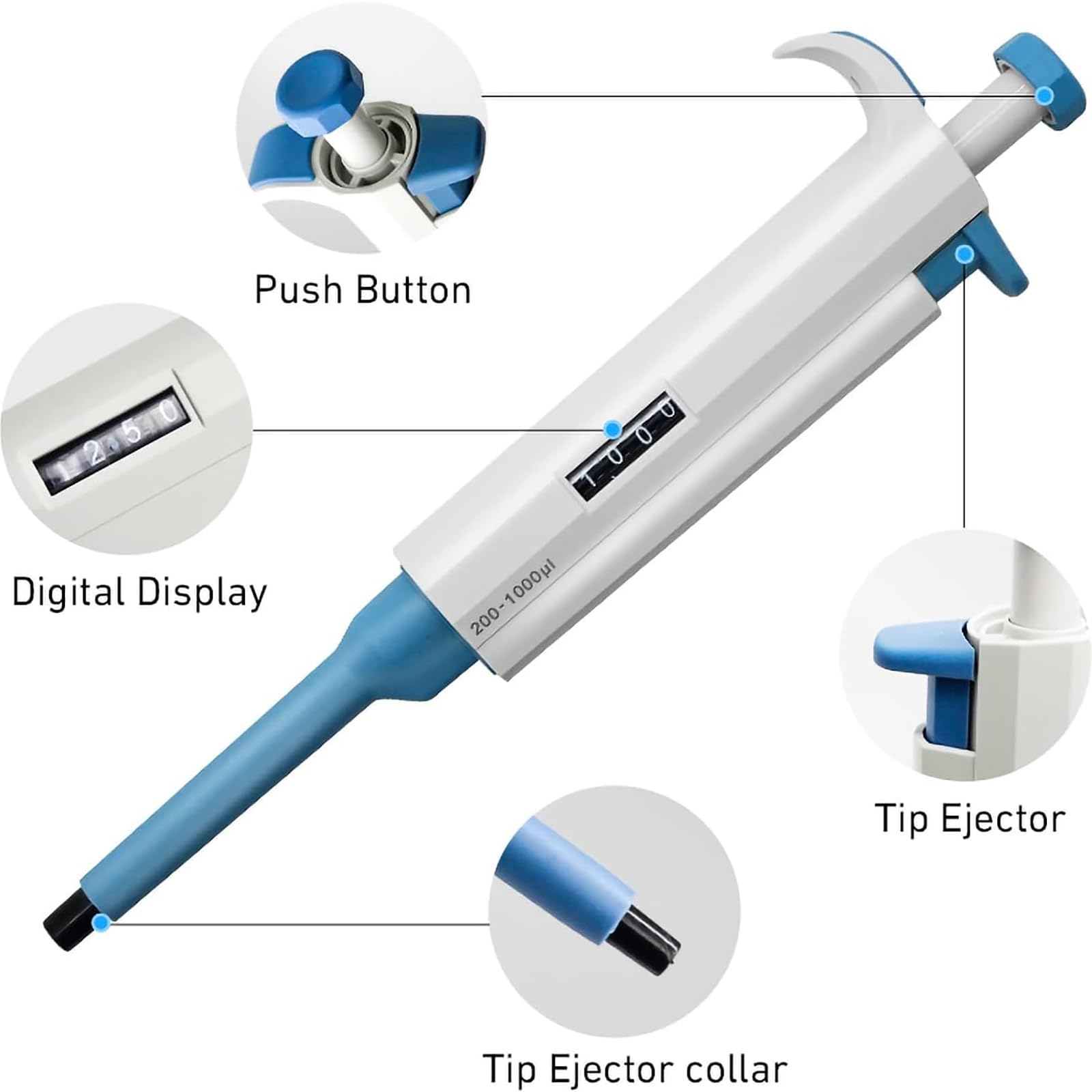 Laborpipette, einkanalige einstellbare Mikropipette mit Pipettenspitzen, manuell einstellbarem Volumen und hoher Präzision, Mikropipetten-Laborpipettentransfer, für das Schulbildungslabor