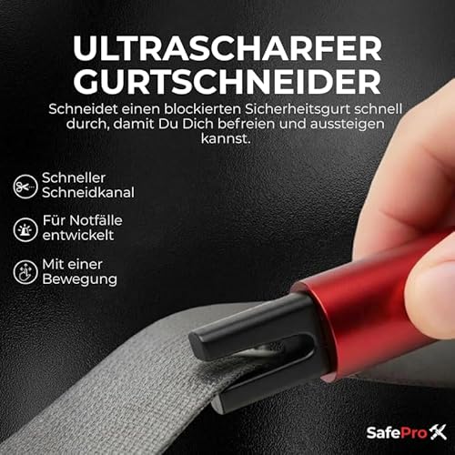 SafePro X Notfallhammer Auto mit Gurtschneider - Lebensrettender Kompakt Federkörner Glasbrecher - Sicherheit Rescue Tool & Scheiben Zertrümmerer für Schnelle Flucht bei Straße Unfällen (2er-Pack)
