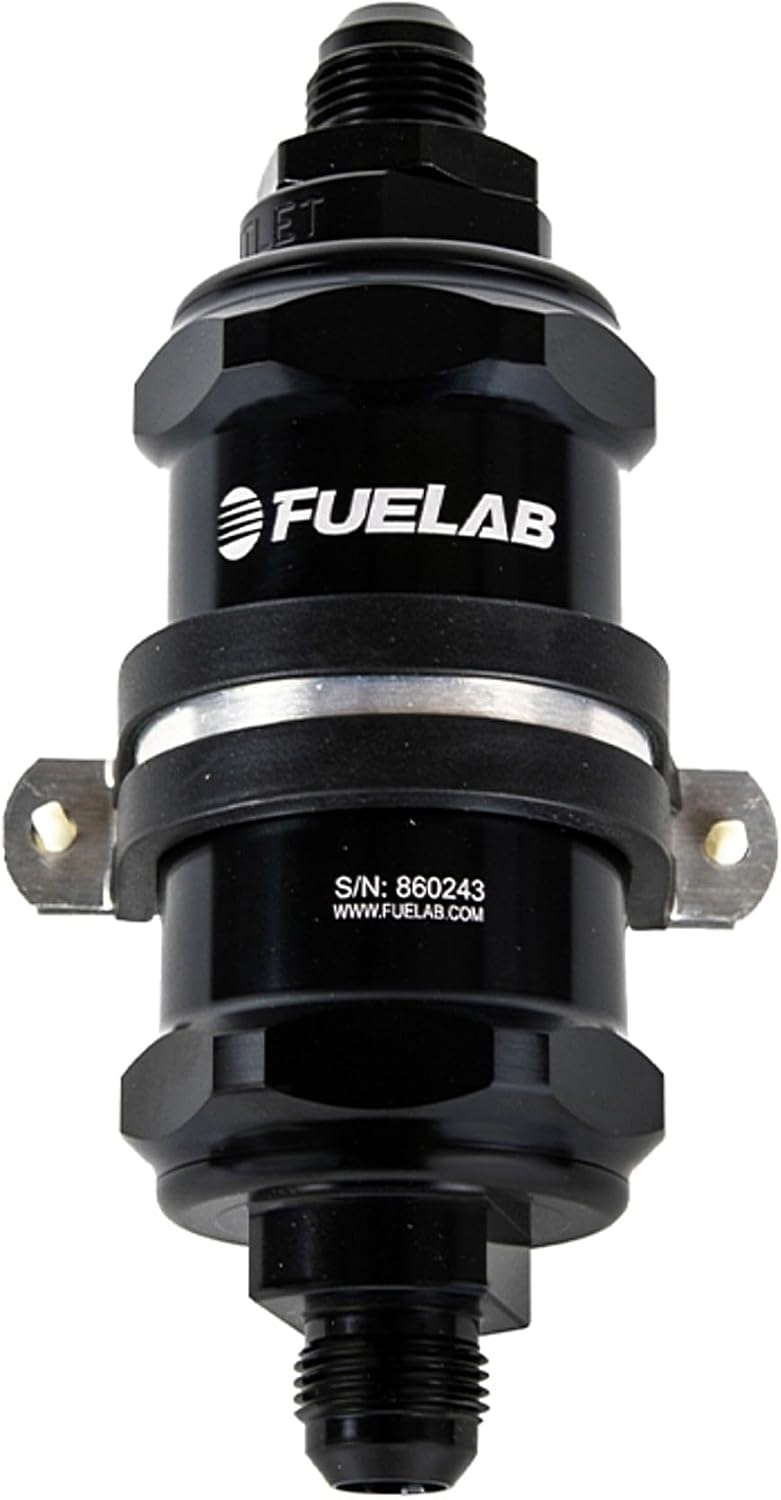 Fuelab 84801-1 Black -6AN Inlet/Outlet Standard Length In-Line Fuel Filter with Integrated Check Valve and 10 Micron Replaceable Fabric Element
