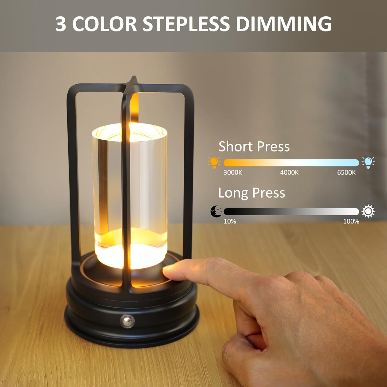 Portable Cordless Table Lamp - 2-Pack Rechargeable Table Lamp - Touch Control Lamp with 2000mAh Battery, 3000K Stepless Dimming Wireless Lamp for Bedroom, Dining Table, Counter & Living Room, Black