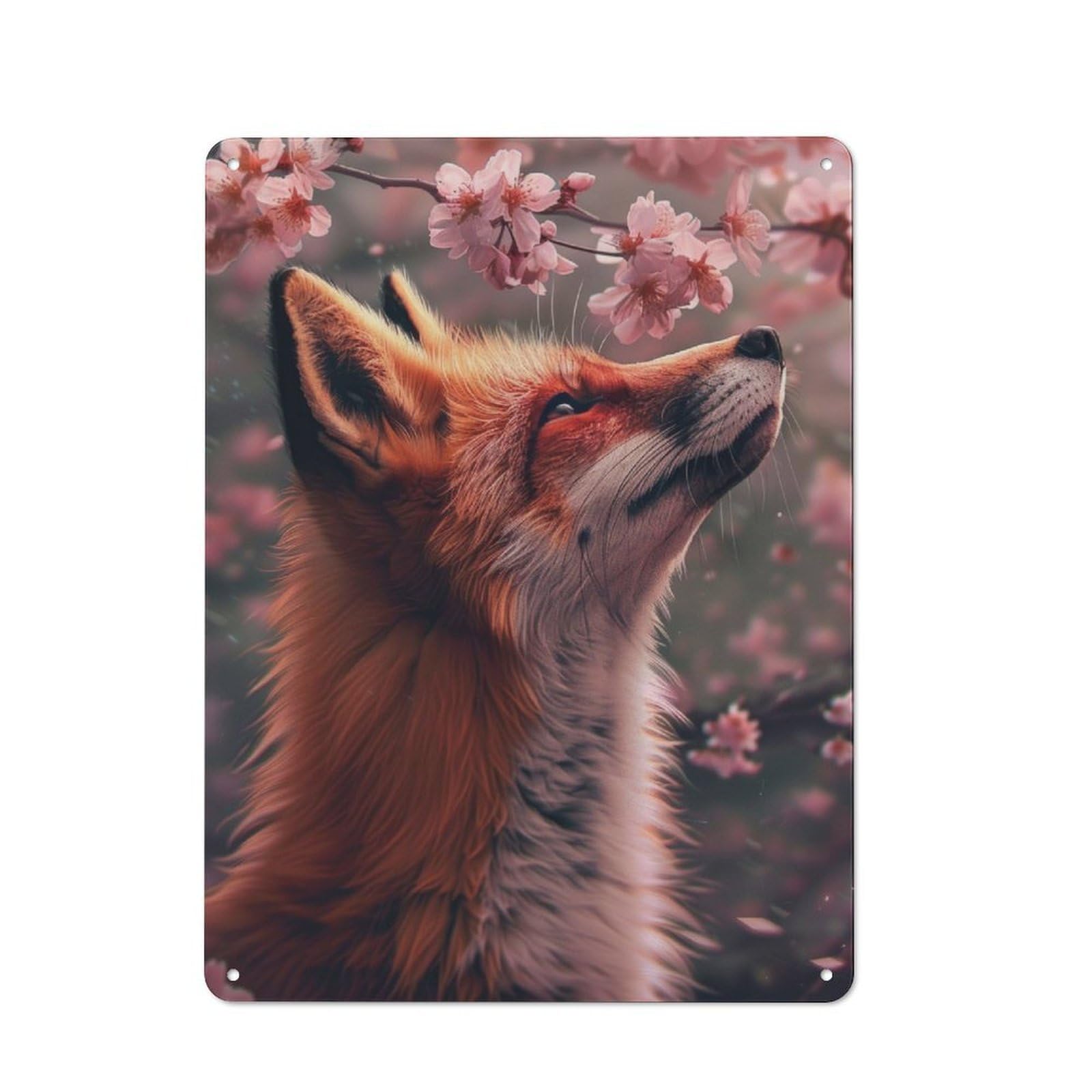 Junmoney Red Fox Cherry Blossom Vintage Metal Wall Decor 40X30cm, Vintage Metal Sign For Cafe, Bistro, Bakery Or Restaurant