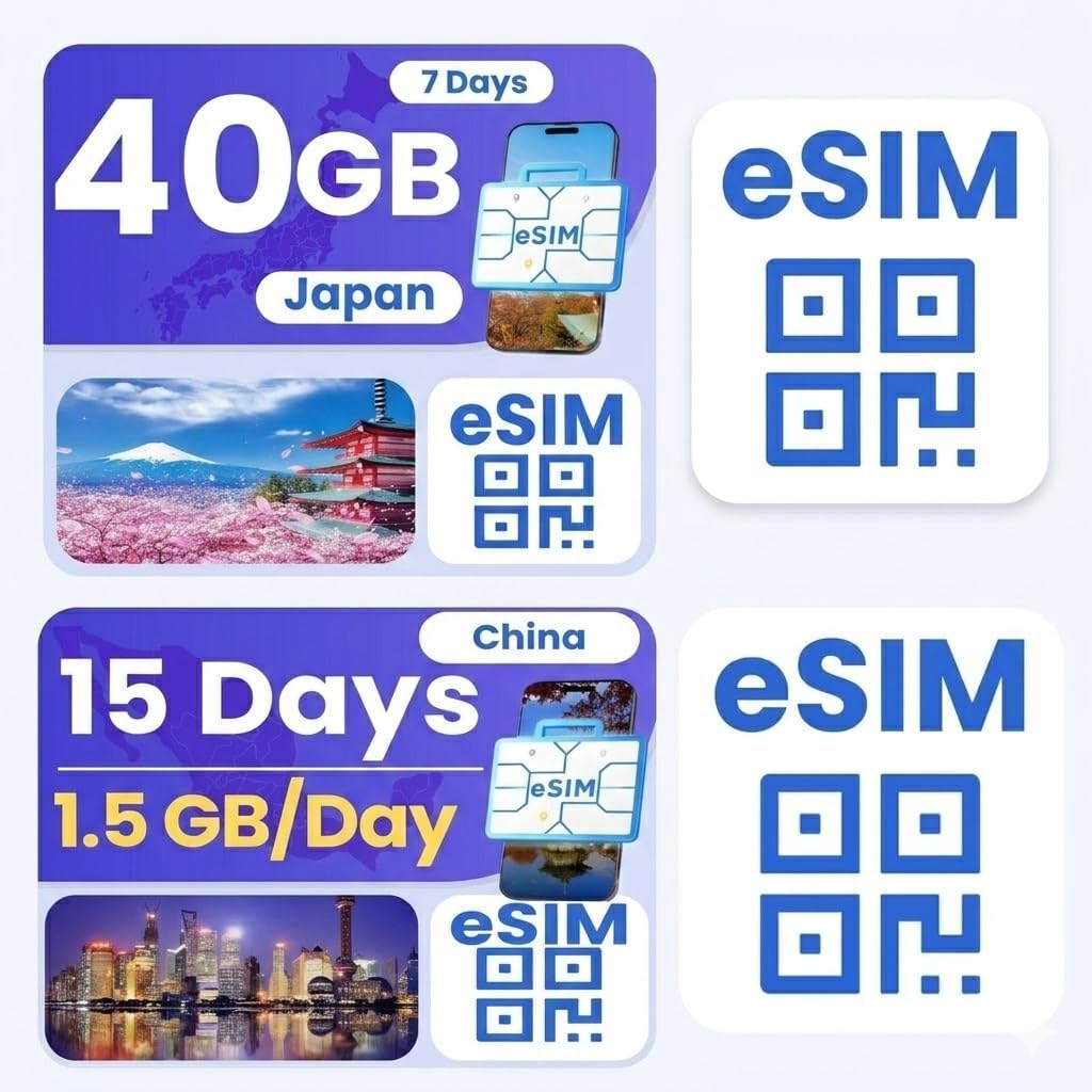 eSIM Bundle for International Travel, Japan 40/ 7Days – China 22.5GB/ 15 Days, 4G/5G Speed, Hotspot Supported, Instant Activation in 10 Minutes