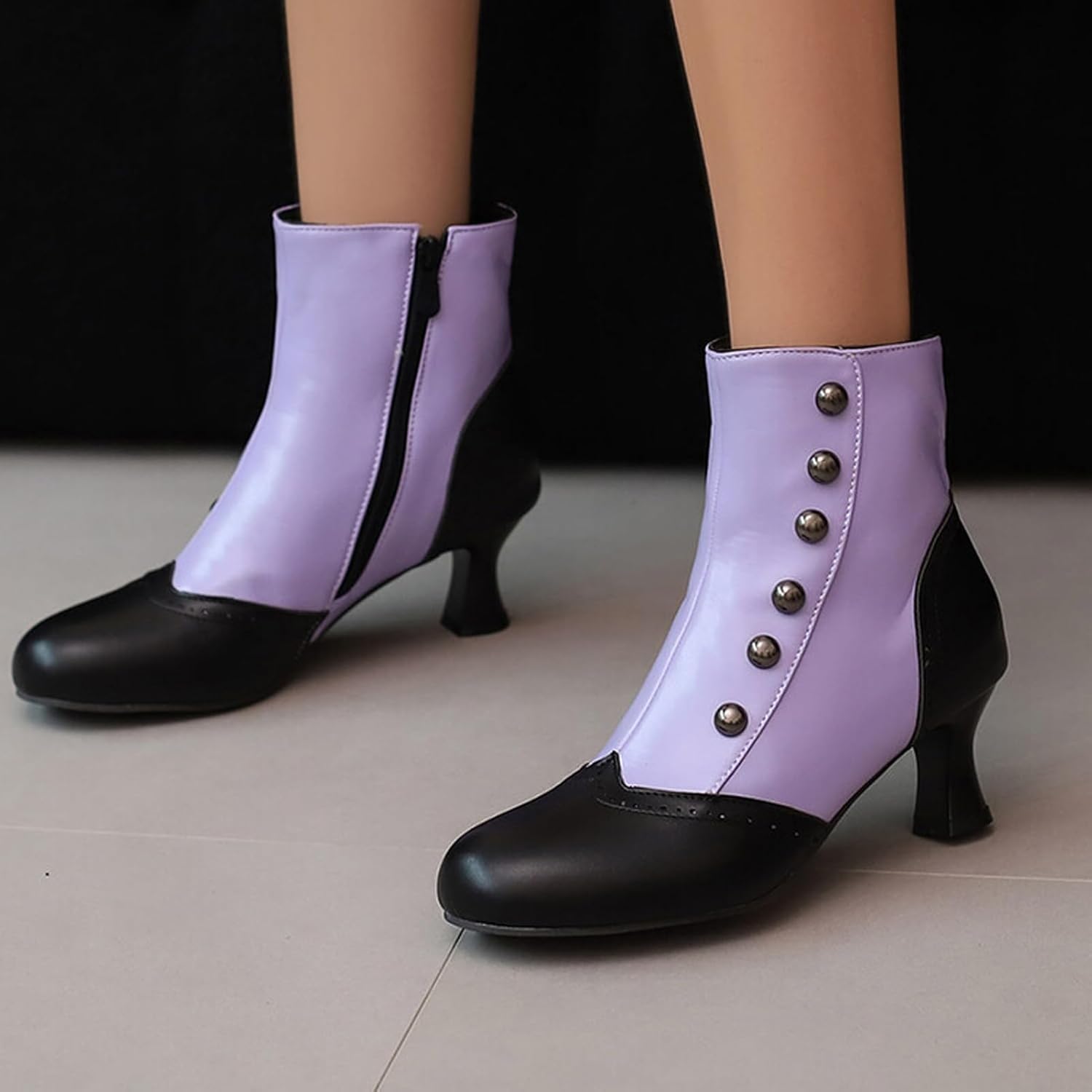 Alyaafifa Vintage Low Heel Ankle Boots for Women Round Toe Two-Toned Rivets Studded Short Boots Gothic Victorian Booties with Zipper Matte Leather Dress Shoes 2 Inches Comfortable - Image 6