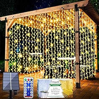 Chipark Solar Curtain Lights, Upgraded Garden Fairy Lights 300 LED 8 Modes Remote Control Waterproof Solar Fairy Lights Outdoor Curtain String Lights for Gazebo Patio Party Festival Decorations(Warm)