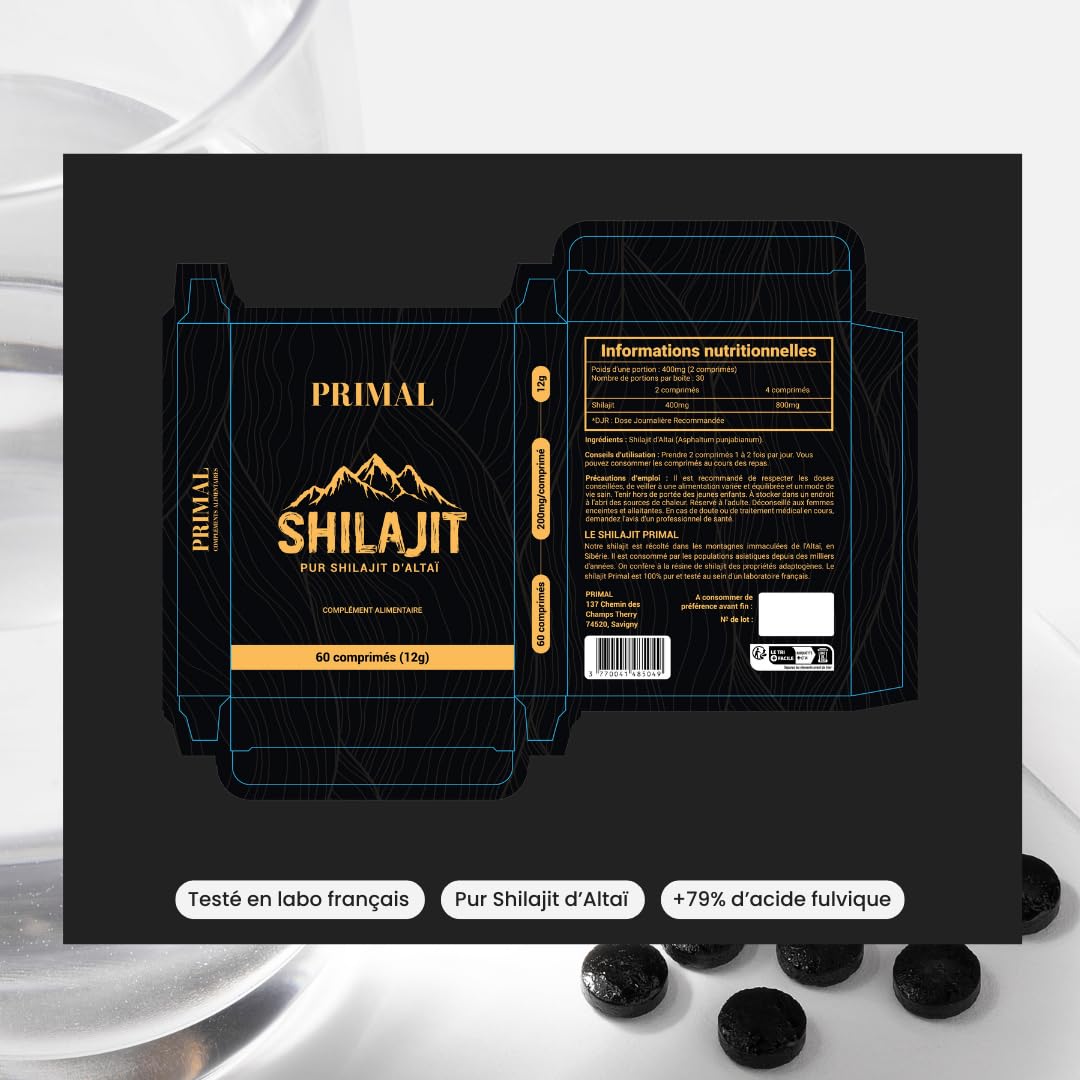 Shilajit Primal 100% Pur de l’Altaï en comprimés, 79% d’Acide Fulvique, 85+ Minéraux Naturels, Énergie, Vitalité & Équilibre Général, Complément Alimentaire Homme & Femme
