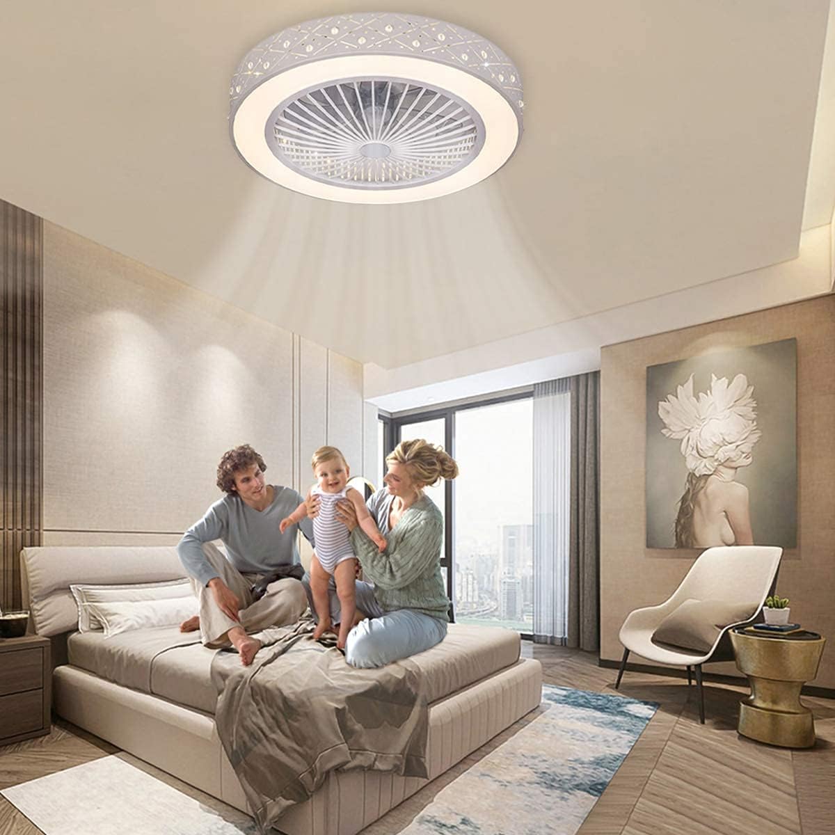 Best Cyber Monday 🔥 QZFH Invisible Ceiling Fan with Lights, 22 inches LED Dimmable Remote Control 3 Color Lighting Modes, Acrylic Blades Metal Shell, 110V Semi Flush Mount Low Profile Fans for Bedroom Living Room Kitchen