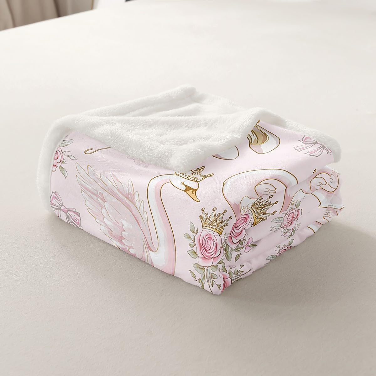White Swan Throw Blanket,Swan Lake Ballet Dance Theme Pink Flannel Blanket for Room Decor,Princess Crown Bowknot Romantic Roses Flowers Fleece Blanket,All Seasons Super Soft,Queen 90"x90"