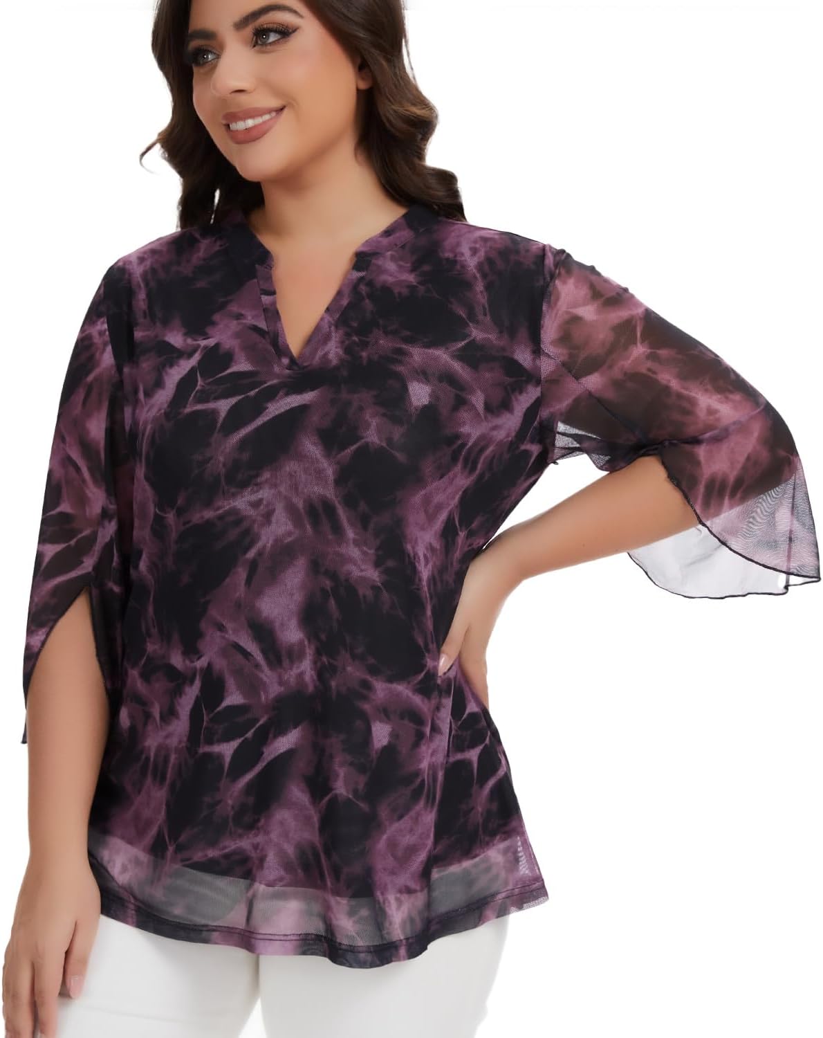 Betu Women's Plus Size Tops 3/4 Ruffle Sleeve Casual Work Mesh Blouses Printed Tunics Shirts - Image 4