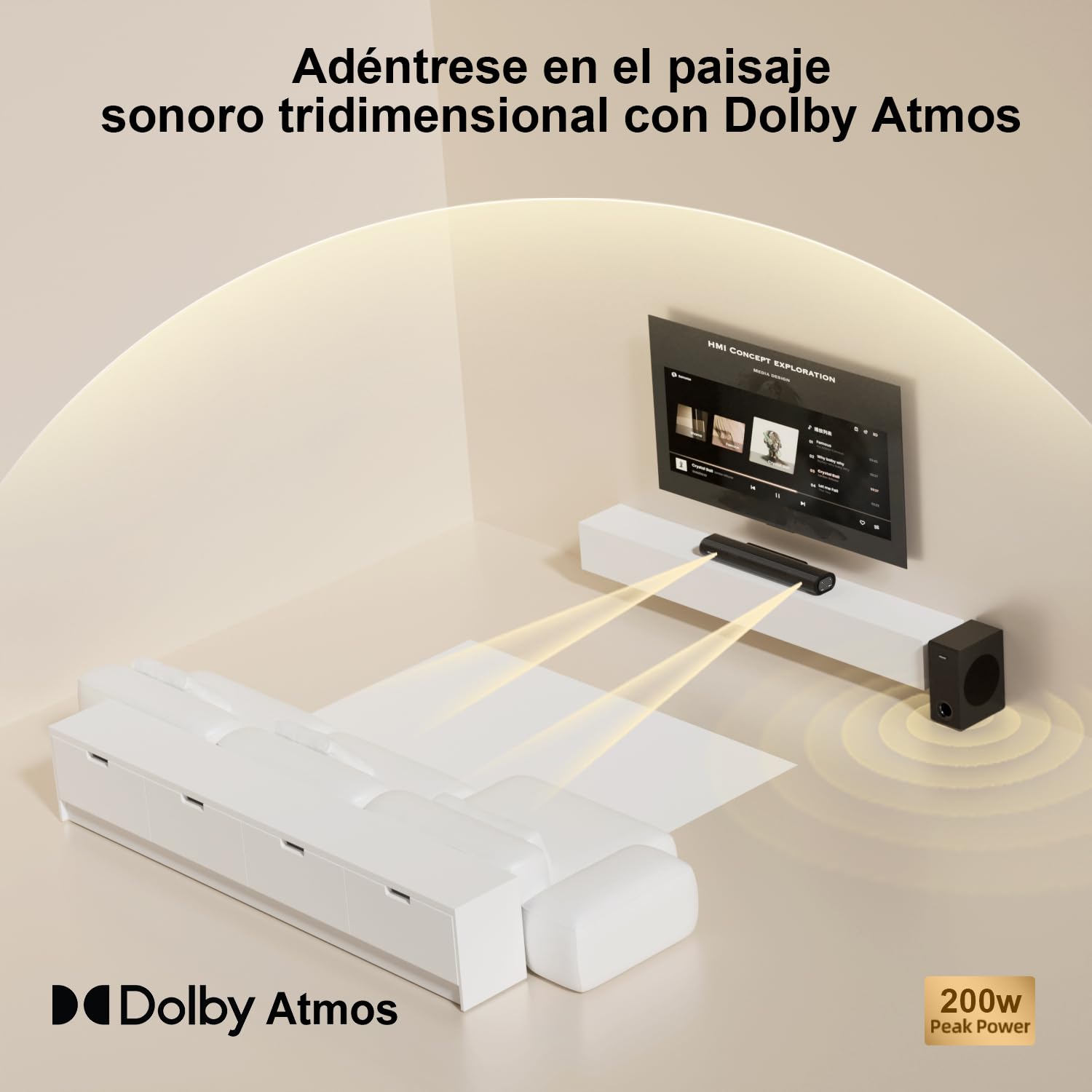 Hiwill 2.1CH Barra de Sonido Dolby Atmos, Barra de Sonido TV con subwoofer Grande de 5,25'', Agudos y Graves Ajustables, Altavoces Home Cinema, eARC/ARC/Opt/BT/AUX, HiElite A21