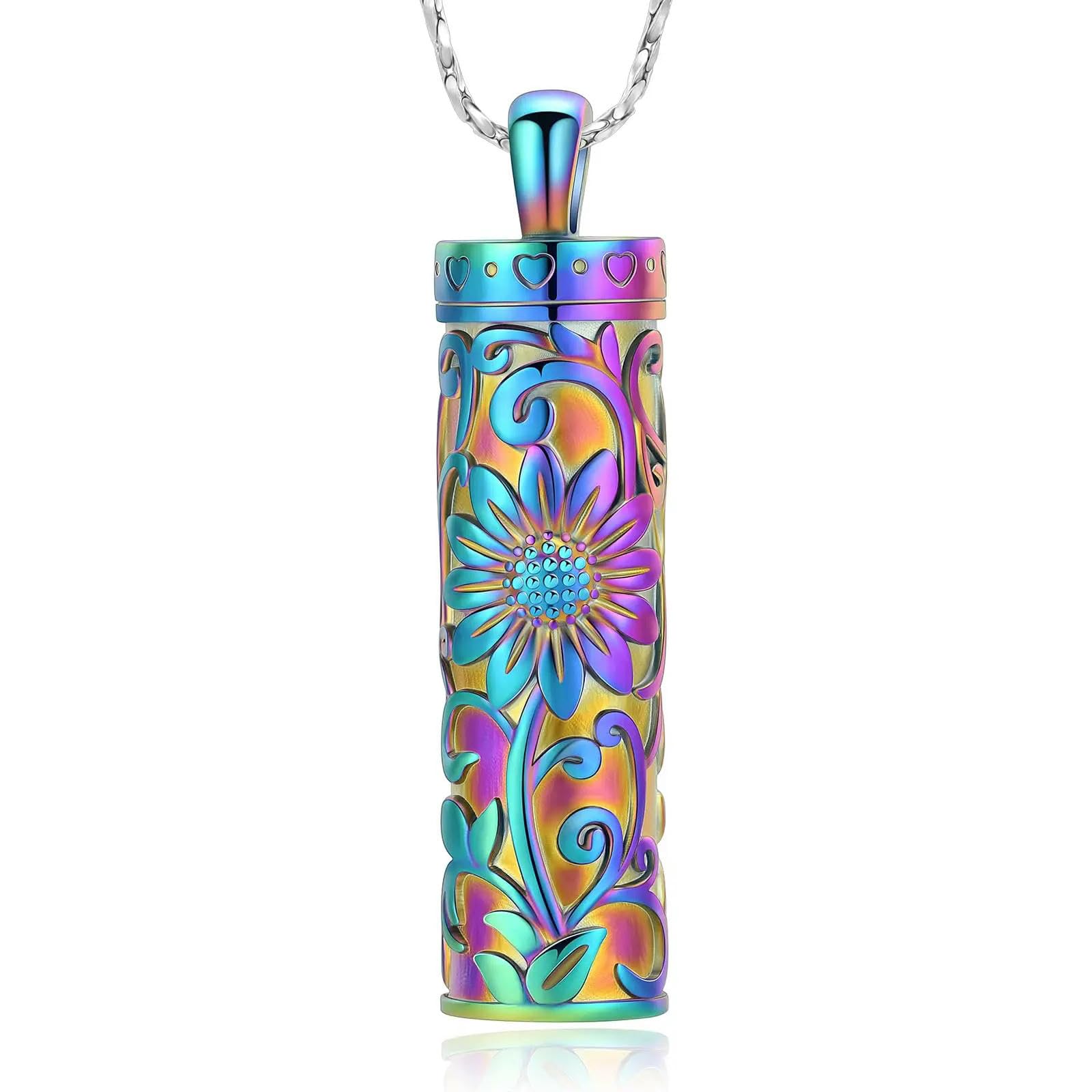 Bijou de crémation haut de gamme : collier urne cylindrique tournesol en acier inoxydable
