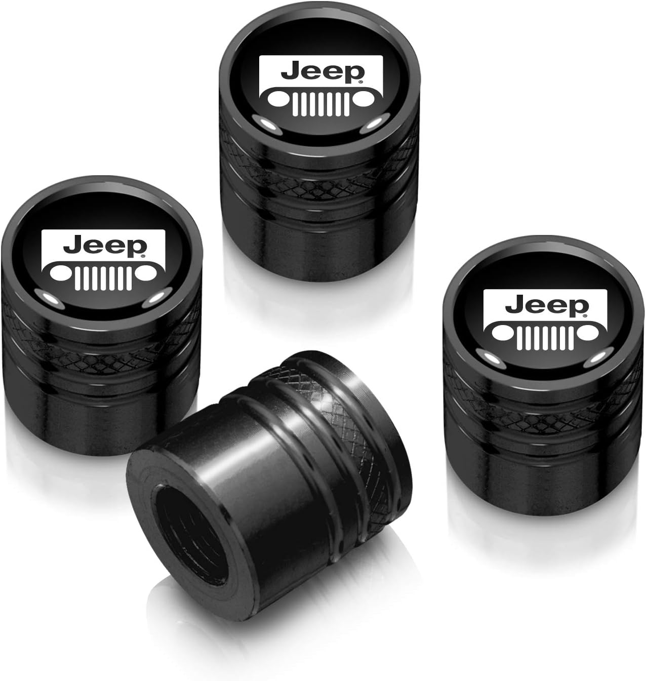iPick Image for Jeep Grill in Black on Black Aluminum Cylinder-Style Tire Valve Stem Caps