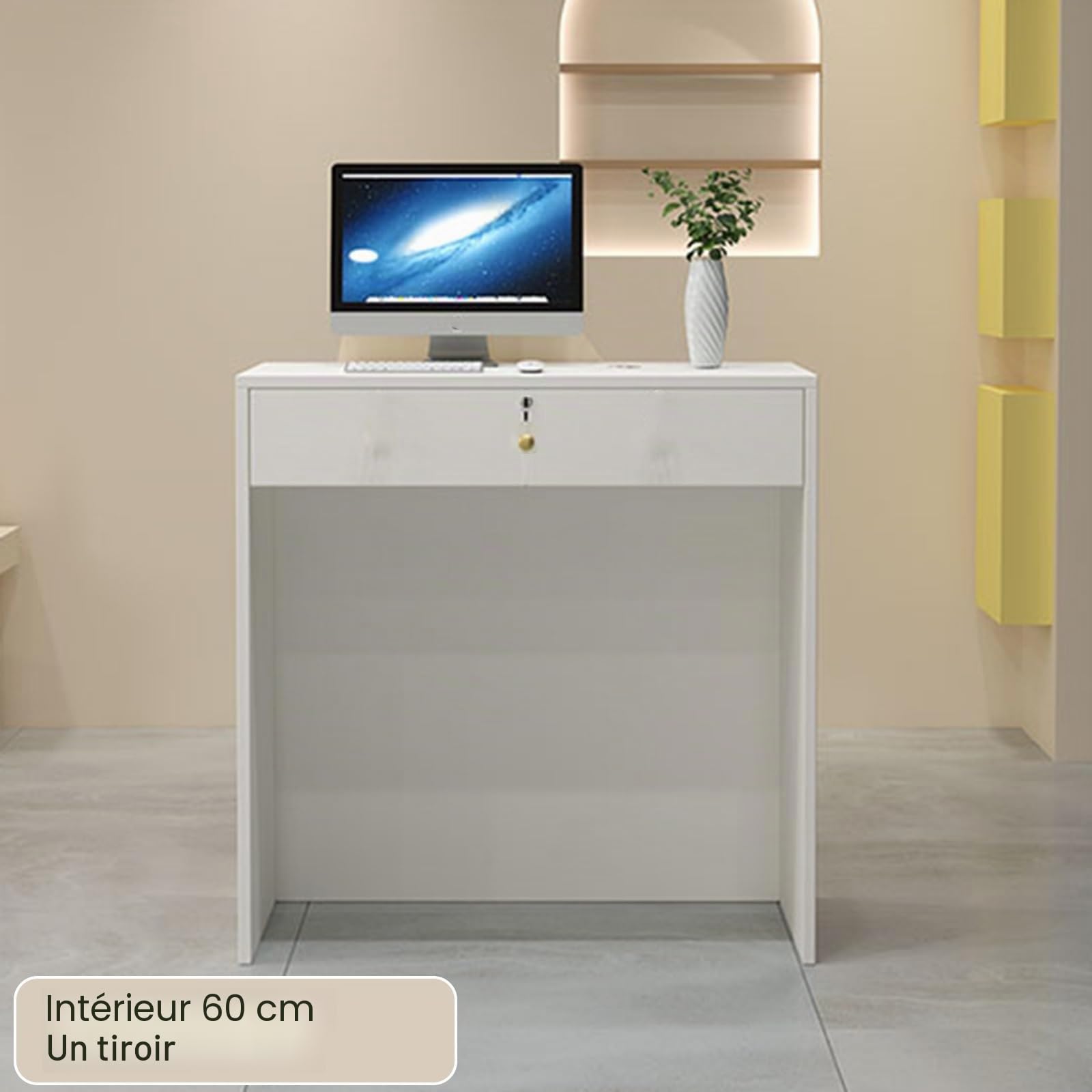 Comptoir de Caisse et Réception avec Lumière LED, Tiroir Verrouillable pour Salon de Coiffure, Maison ou Bureau (White Dark Gray, 60/23.6in)