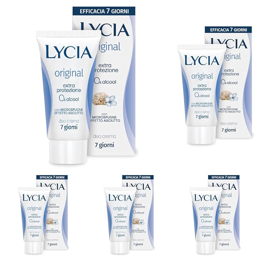 Lycia - Original Deodorante in crema, Extra Protezione per 7 giorni, Senza Alcool, Effetto Asciutto e Vellutato, con Burro di Karitè, 30ml (Confezione da 5)