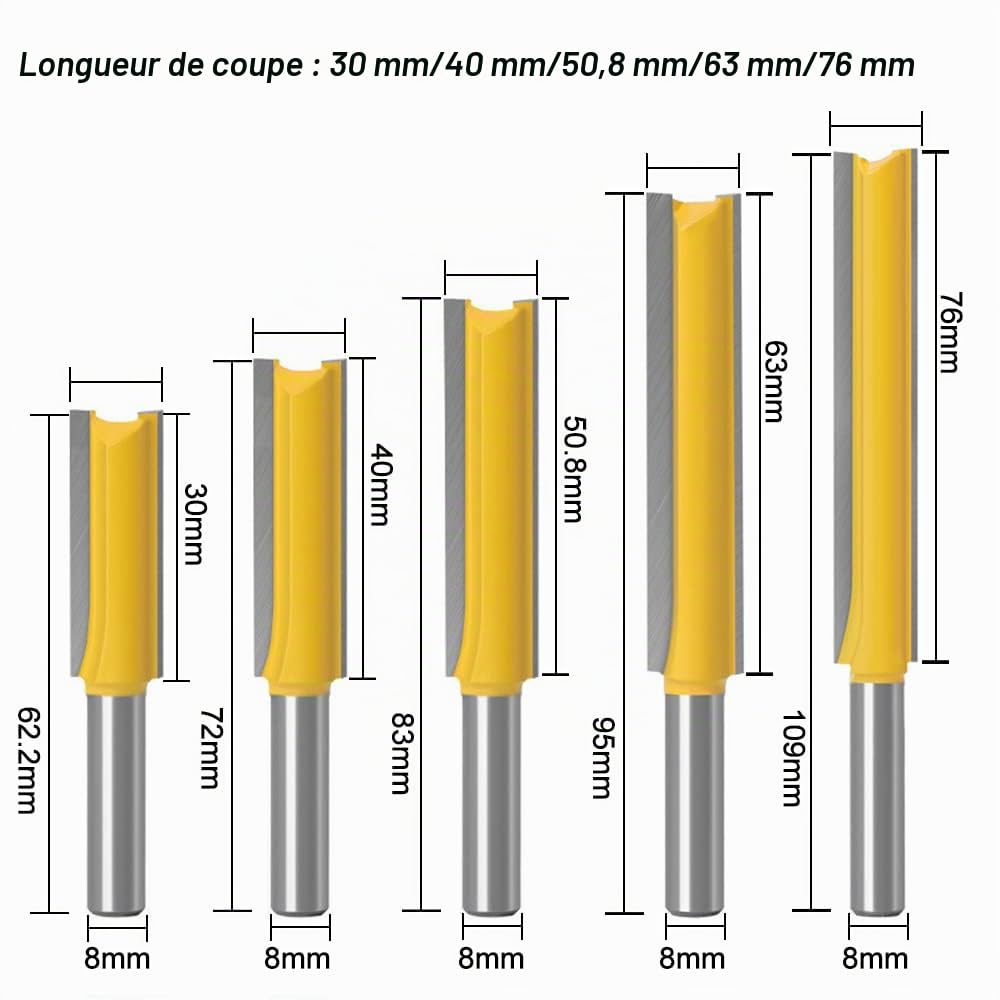 ASNOMY 5Pcs 8mm Flush Trim Router Bits Extra Long Mèches Carbide Router Bits à Bois Fraise à Menuiserie - Pour bois, longueur de coupe extra longue : 30 mm, 40 mm, 50 mm, 63 mm, 76 mm