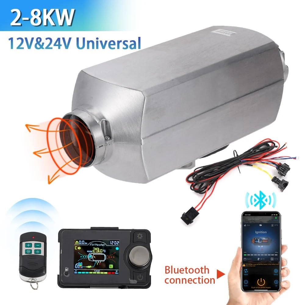8 kW, 12 V, 24 V, nagrzewnica diesla, pilot Bluetooth, aplikacja, sterowanie zdalne, automatyczna regulacja wysokości, nagrzewnica powietrza do przyczepy kempingowej i vana kempingowego(12V)