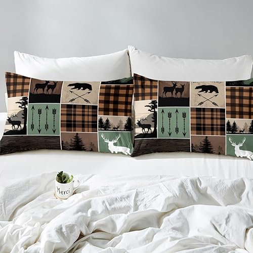 Miniatura 192 de Sábana bajera ajustable de oso de caza, juego de ropa de cama a cuadros de búfalo, sábanas de retazos de cabaña rústica para niños, niños, Multi