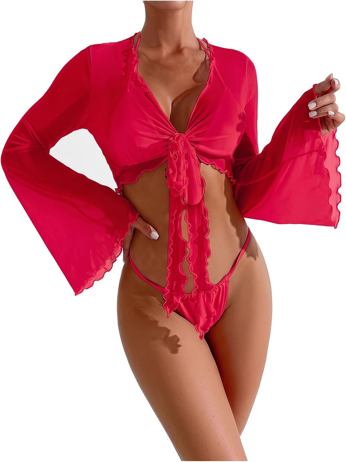 SweatyRocks Women's Sheer Mesh Tie Front Cover Ups Tops Long Sleeve Swimsuit Coverups Swimwear