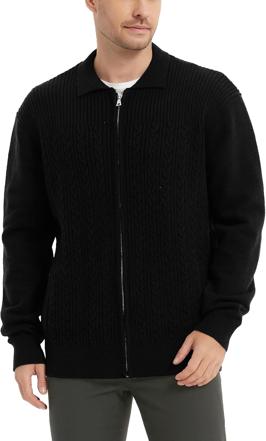 Donason Men's Cardigan Sweaters Slim Full Zip Up Sweater Stand Collar Long Sleeve Cable Knit Cardigans with Two Front Pockets