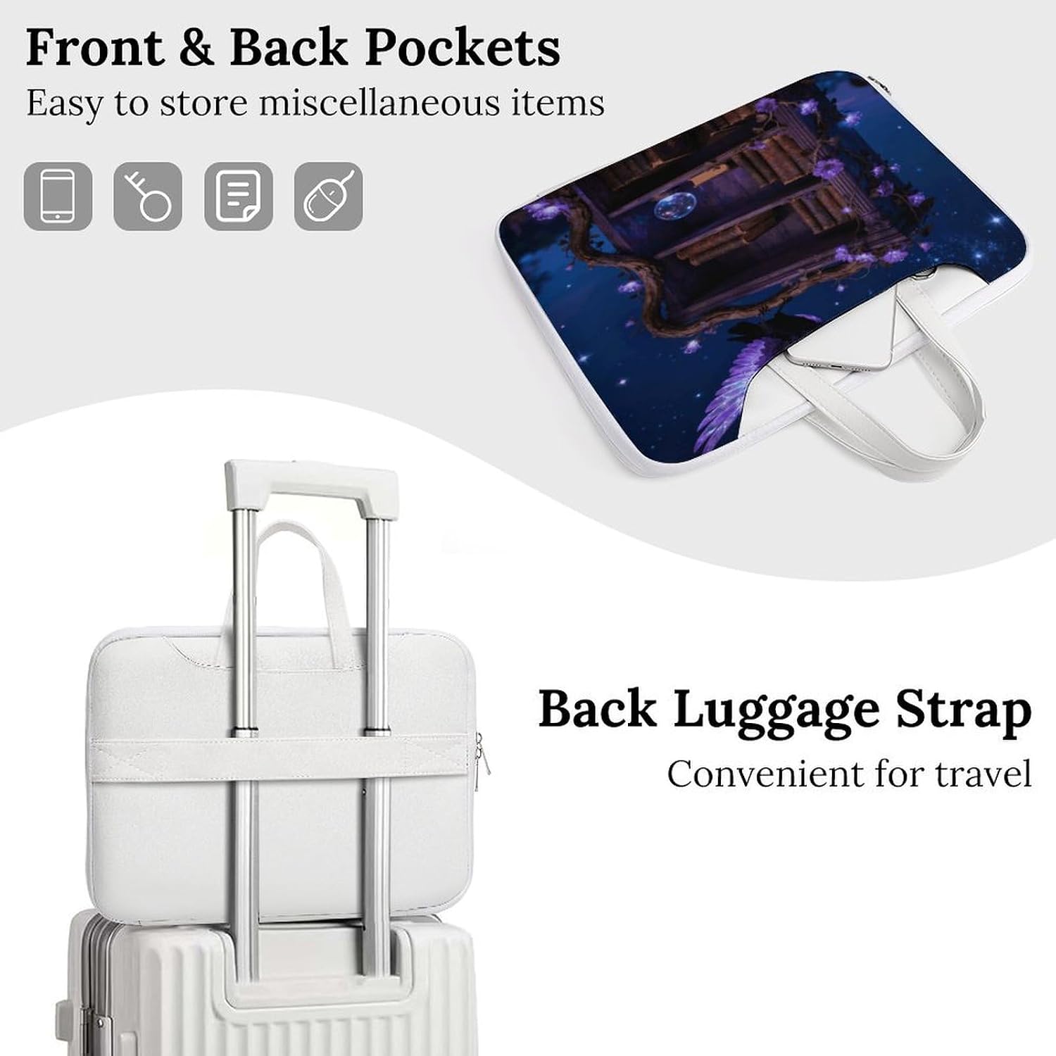 Purple Floral Crow Bookshelf 37x28cm White-style Laptop Bag Leather Tablet Computer Briefcase Large Capacity Work Business Tote Bags for Office