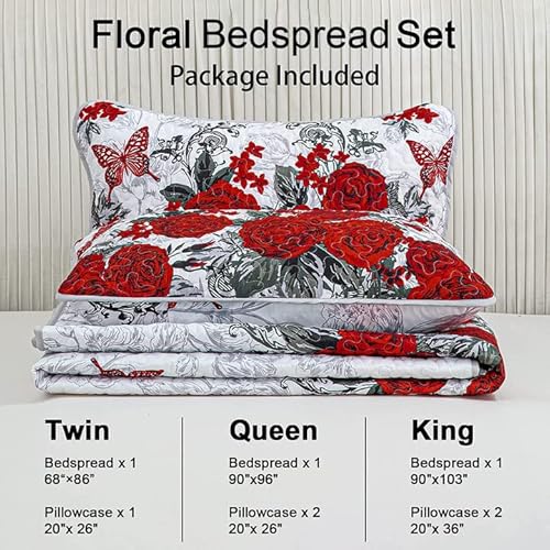 Yiran Red Flower Quilt Set With 2 Pillowcases Rose Floral Butterfly Bedspread For All Season Lightweight Soft Microfiber Coverlet Queen 90"X96" #TOP6
