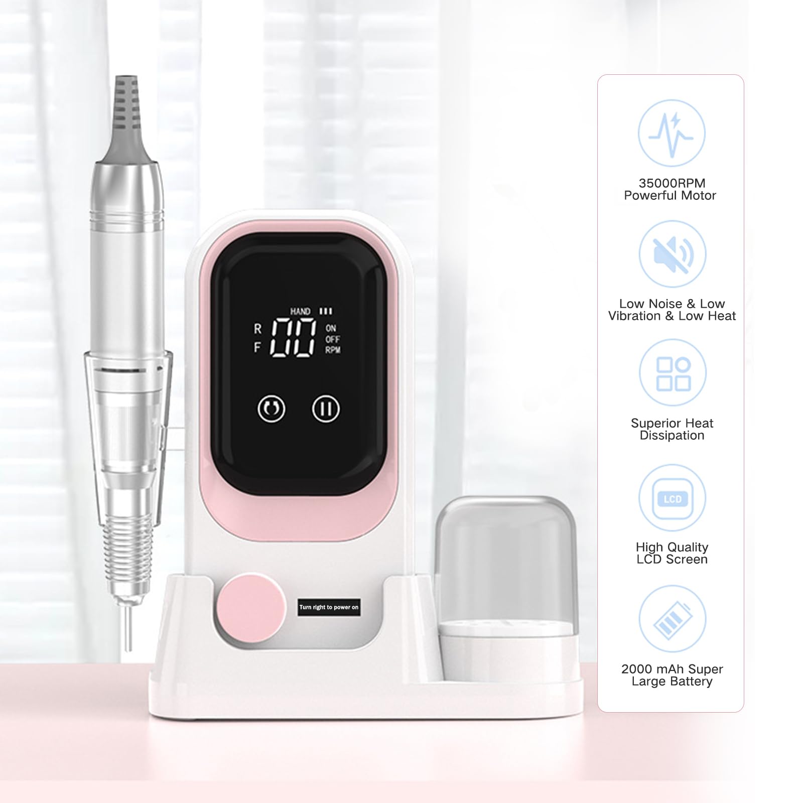 Taladro de uñas eléctrico portátil, lima de uñas eléctrica profesional de 35000 rpm, taladro de uñas inalámbrico con brocas y base (blanco y rosa)