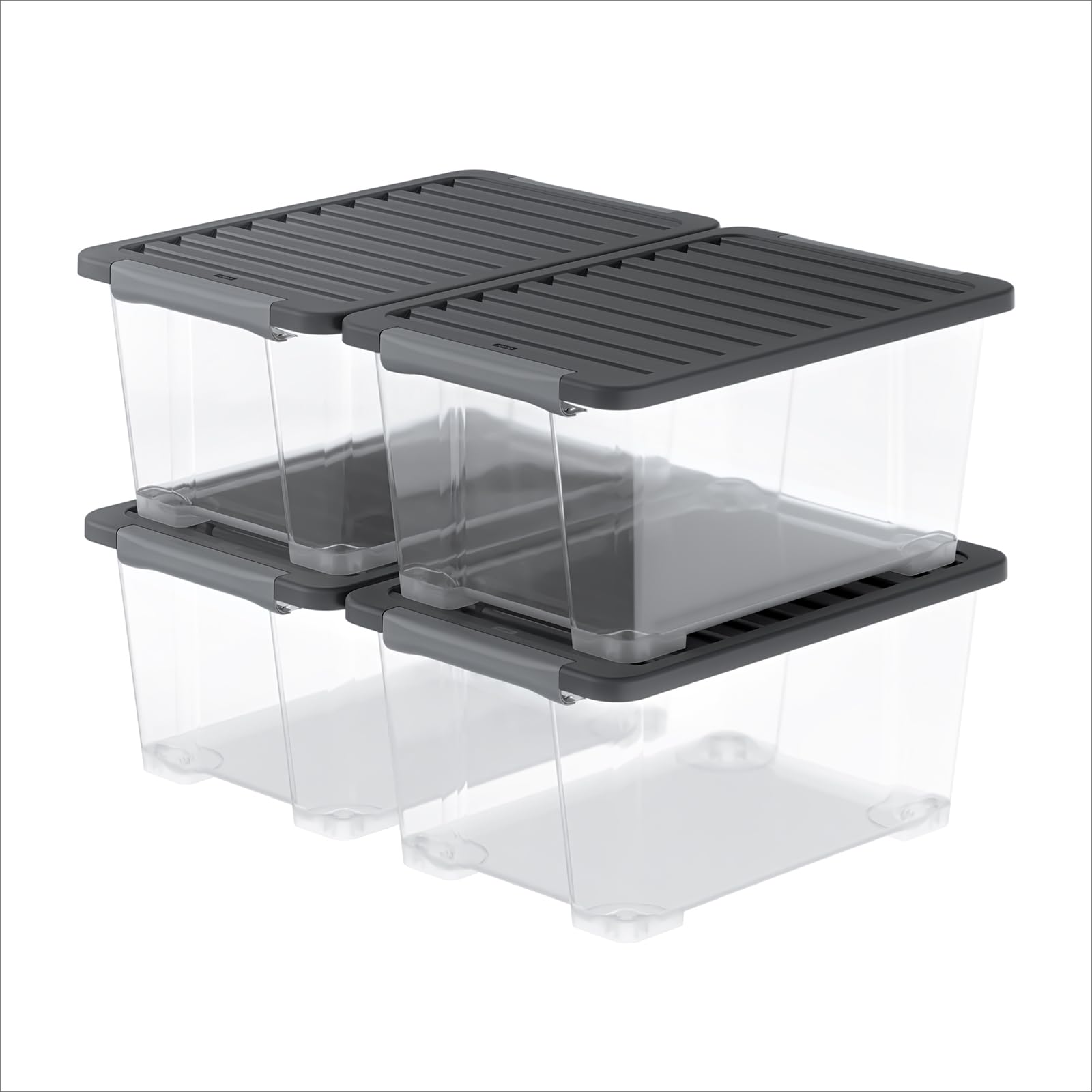Rotho 4er-Set Core Plus Aufbewahrungsboxen mit Deckel 44l - Boxen Stapelbar | Transparente Kunststoffkiste 59x39,5x28 cm mit Griffen für Keller & Büro, 44 Liter Ordnungssystem mit App-Anbindung