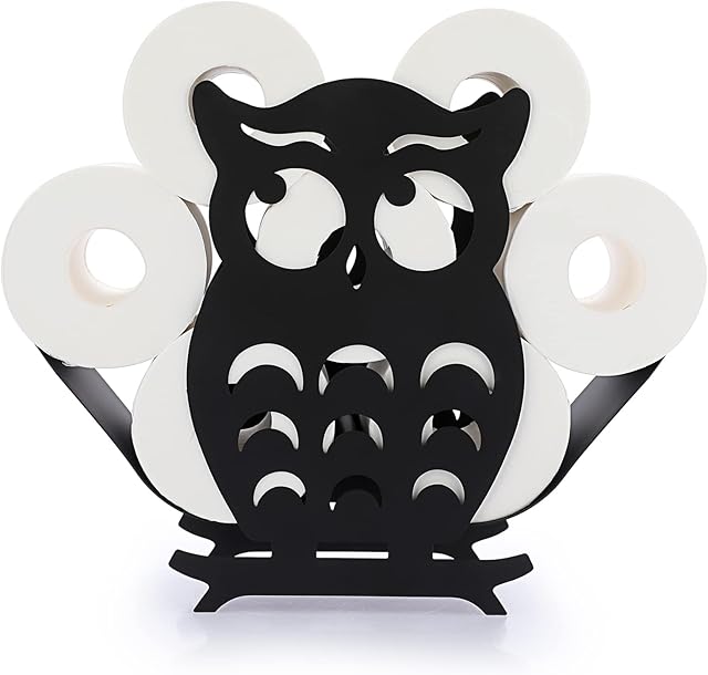 BTSKY Metal Toilet Paper Roll Holder - Matte Black Animal Style Toilet Tissue Holder, Freestanding & Wall Mount Toilet Tissue Storage Container for Bathroom, Home, Kitchen, Toilet (Owl)