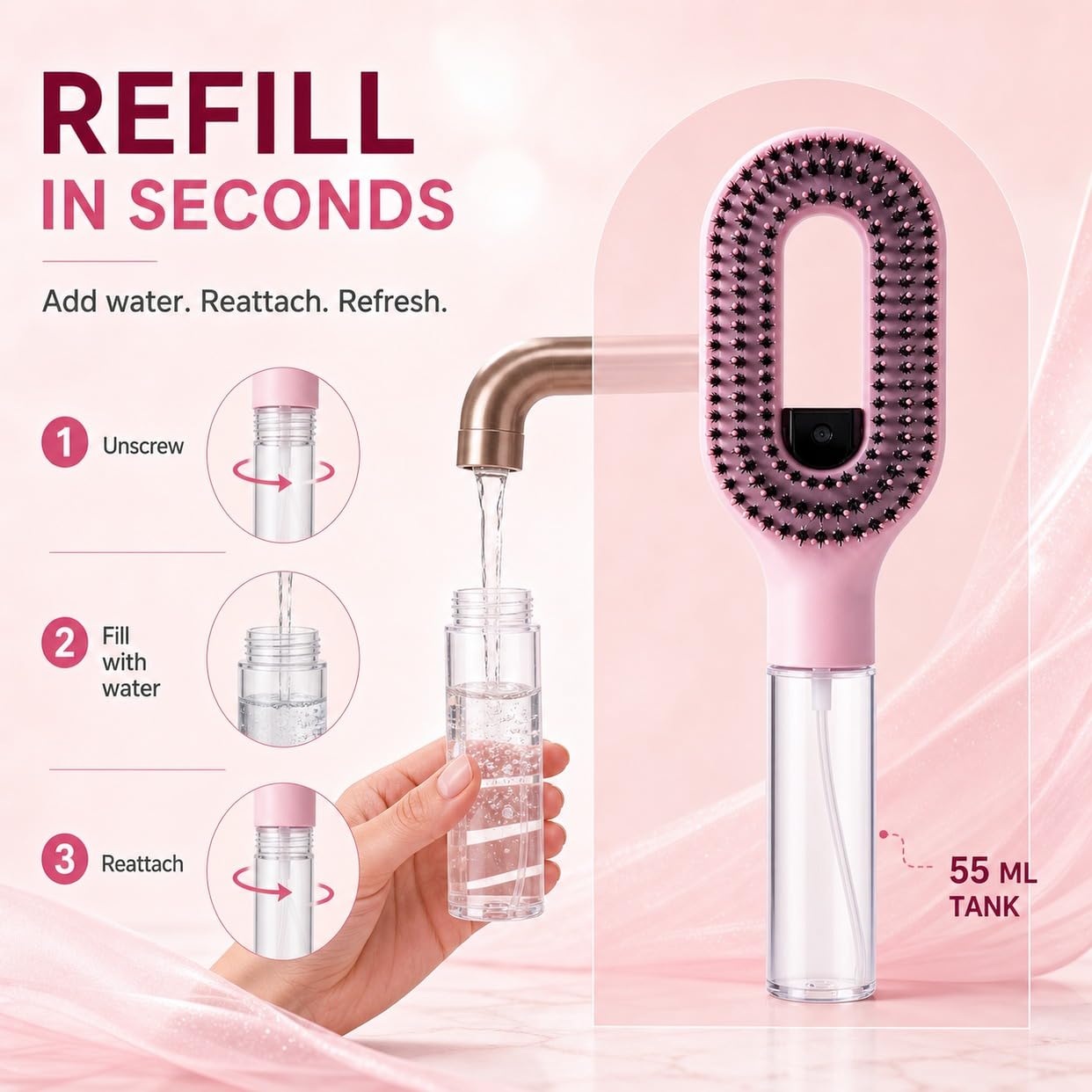 2-in-1 Hair Brush with Water Spray Mister, Fine Mist Spray Brush for Hair Detangling Wet & Dry, Liquid Spraying Hairbrush for Curly Thick Hair & Kids, Portable Aqua Brush