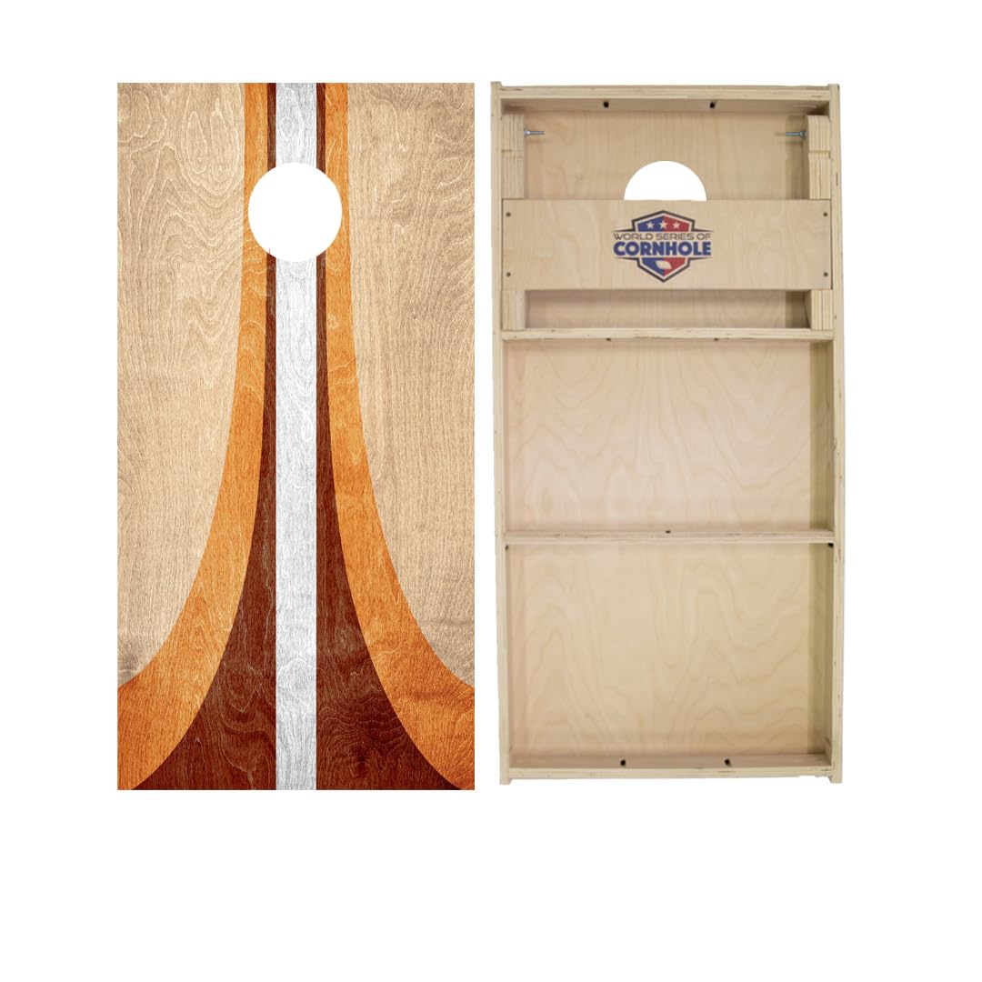Retro Wood Curved Stripes Cornhole Boards - WSOC Runway Series - Includes (2) Boards (Resin Bags) + (2) Hole Lights & (2) Edge Lights