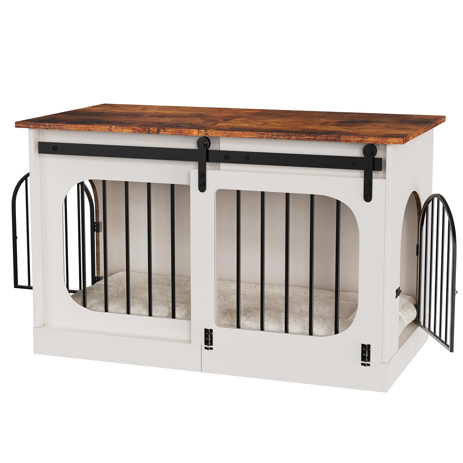 Hundebox für Zuhause 100cm, XL Hundekäfig Möbel mit 3 Schiebetüren & Hundematte, Moderne Hundehütte Holz für Kleine Mittlere Große Hunde, 100x60x69cm, Weiß & Braun