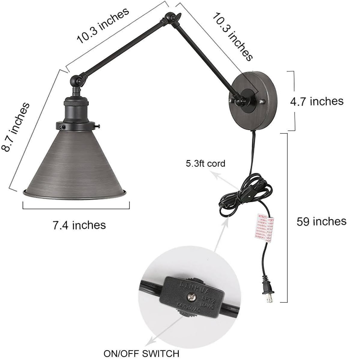 LALUZ Wall Sconces Lighting 2 Pack, Modern Swing Arm Plug-in or Hardwired Adjustable Wall Lamp with Brushed Black Silver Finish for Bedroom, Kitchen, and Living Room