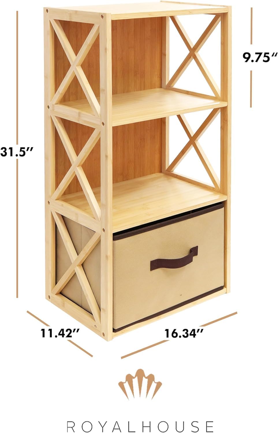 RoyalHouse 3-Tier Bamboo Storage Shelf with X-Design, Beige Fabric Drawer (3 Tier (11.42" D x 16.34" W x 31.5" H))