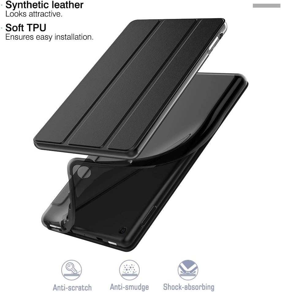 Dadanism Trifold Case Fits All-New Amazon Kindle Fire 7 Tablet (9th Generation, 2019 Release), Ultra Slim TPU Translucent Back Shell Flexible Lightweight Stand Cover with Auto Sleep/Wake - Black