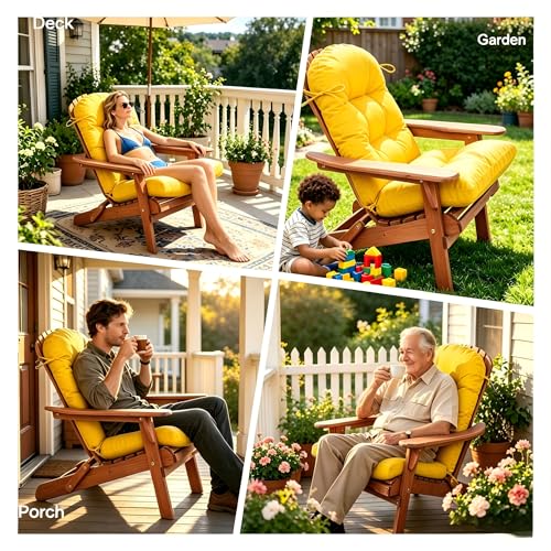 Image of QILLOWAY Outdoor High Back Chair Cushion for Adirondack, All Weather Rocking Chair Cushions Thick Padded Replacement for Patio Furniture,Yellow