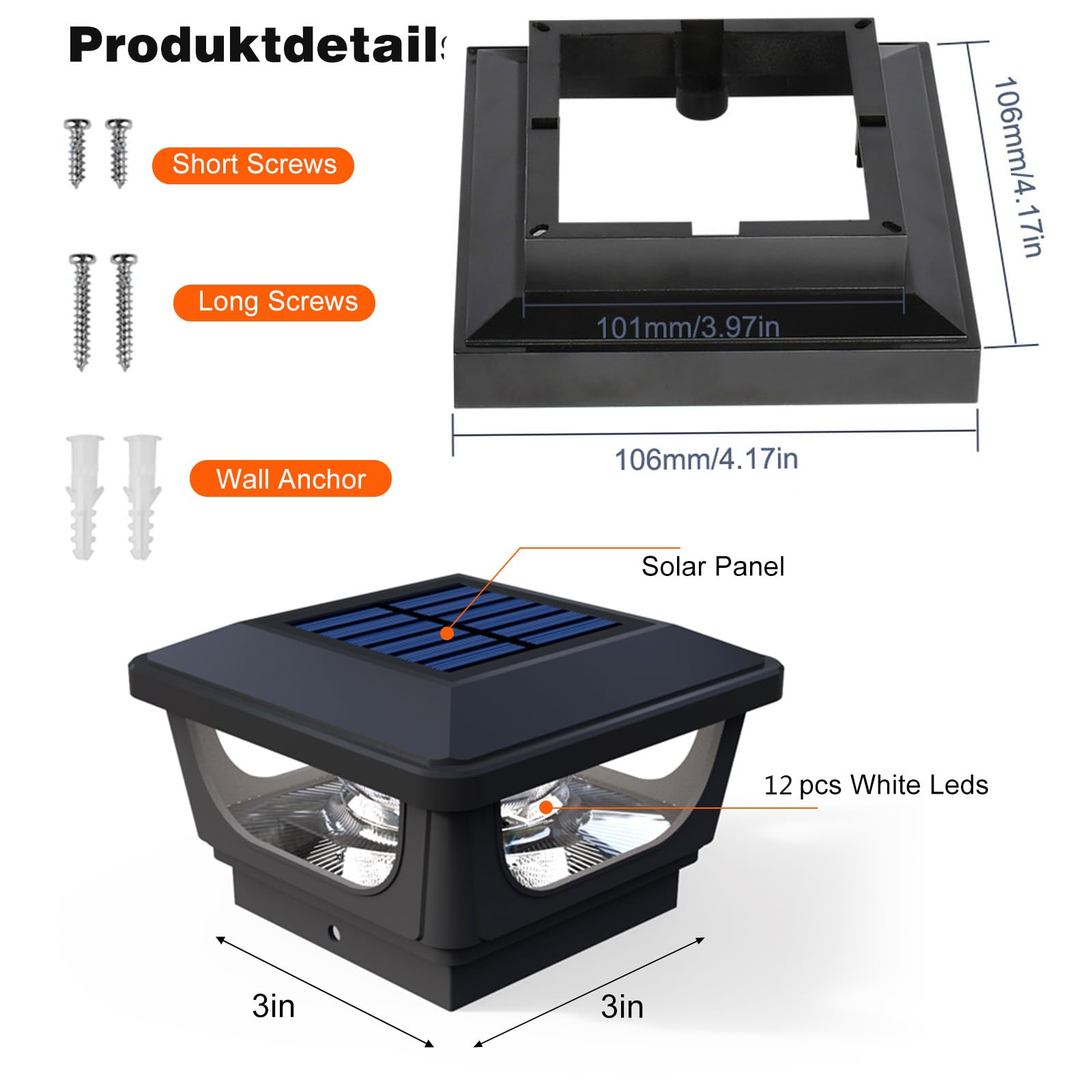 Luci solari a energia solare, 3 x 3, 10,2 x 10,2 cm, IP65, impermeabili, per paesaggio, recinzioni, recinzioni, pali in legno, 2 pezzi