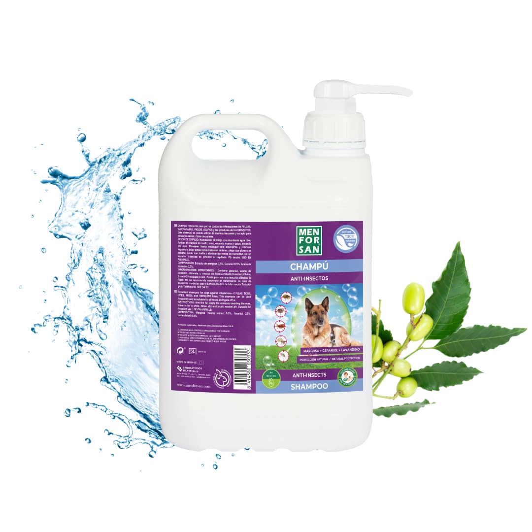 MENFORSAN Champú Anti-Insectos Repelente para Perros | con 3 Activos Naturales: Margosa, Geraniol y Lavandino | Protege contra Insectos | Cítrico | 5L