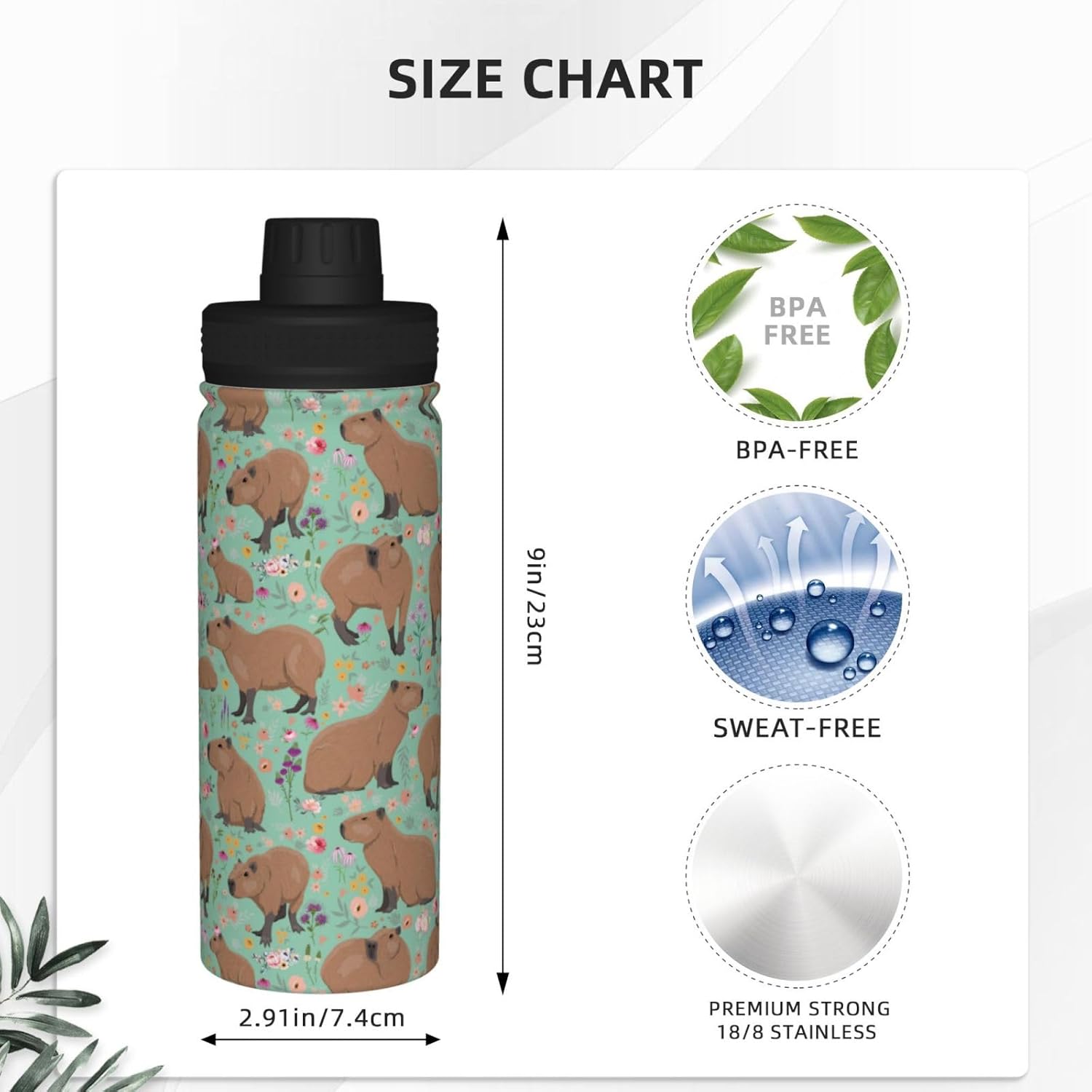 Capybara Gifts Cute Capybara Kawaii Water Bottle Leak Proof Stainless Steel Vacuum Insulated Bottle for Hot or Cold Drinks Adorable Travel Mug, Green - Image 4