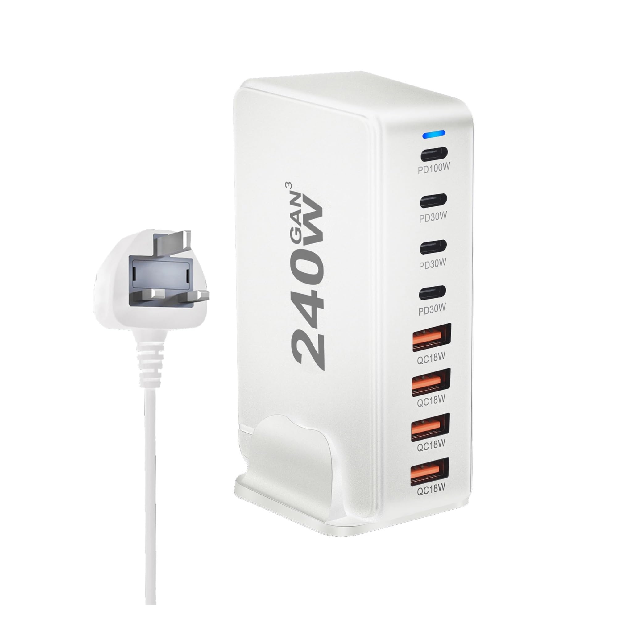 240W Desktop GaN Charger 8-port USB Type C PD Charger Fast Charge 3.0 USB Type C Fast Charger Mobile USB Charger(240W-U-K-White)