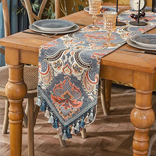Minjiatex Luxury Table Runners 72 Inches Long,Elegant Jacquard Table Runners,Vintage Tassel Dining Table Runners For Holiday Party, Wedding, Christmas, Thanksgiving Decorations (13X72Inch, Grey) #TOP29