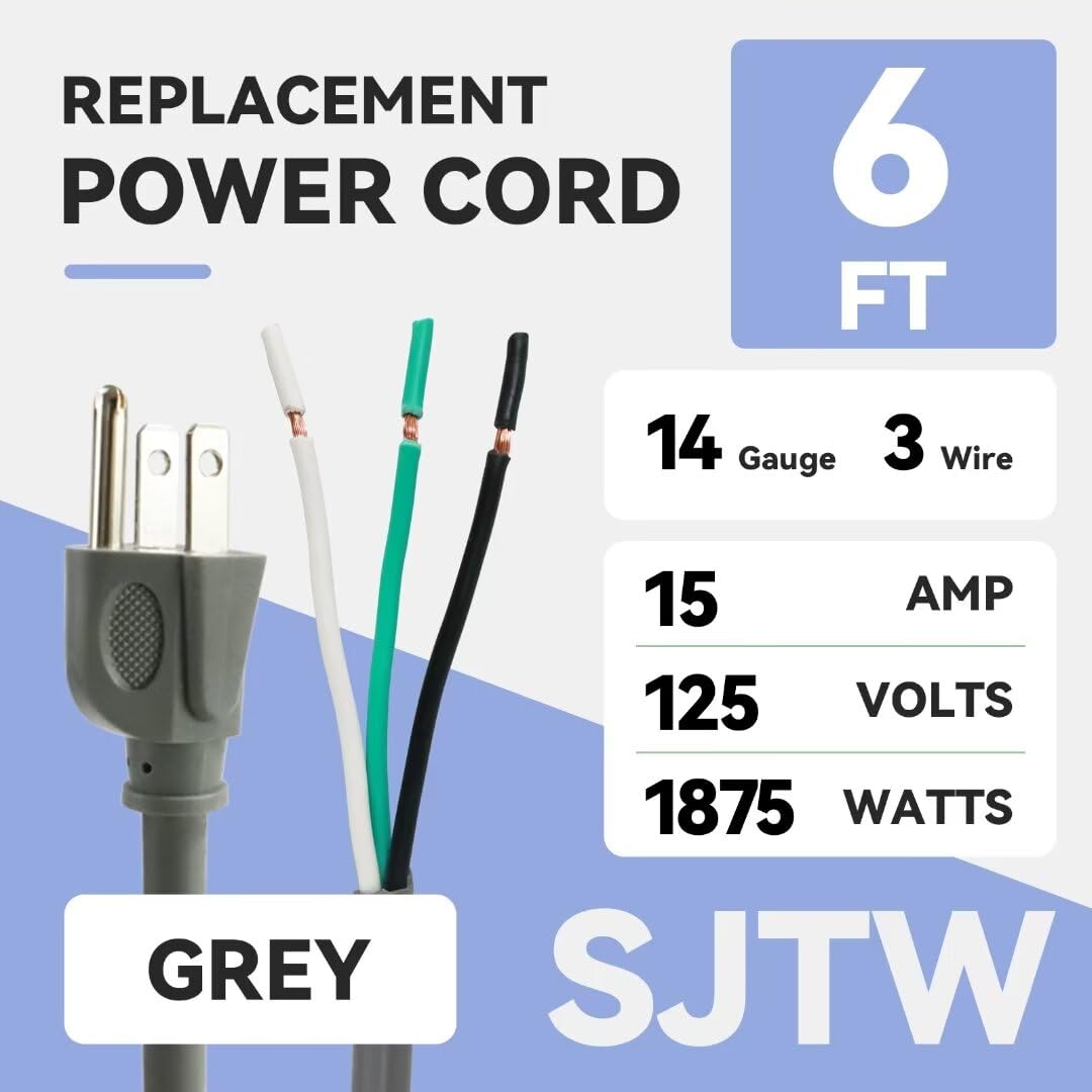 FNXPOW 2 Pack 6FT 14/3C SJTW Appliance and Power Tool Cord, 14 Gauge 3 Prong Heavy Duty Replacement Power Supply Cord Cable, 110V 115V 120V AC Pigtail, 15A, 1875w