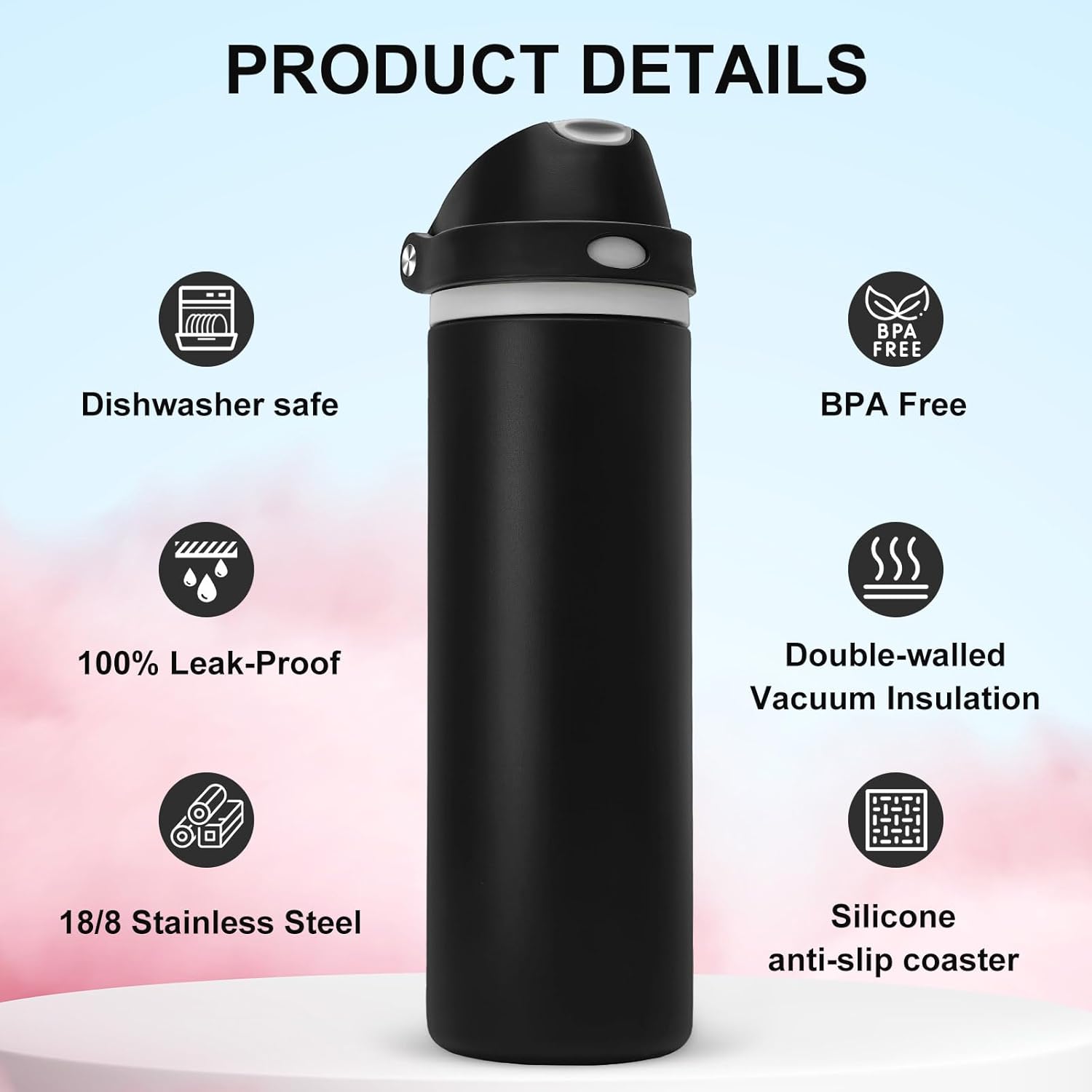 24 oz Insulated Water Bottle with Straw,Stainless Steel Leak Proof Water Bottle,2-in-1 Lid with One-Touch Flip Lid & Straw,Keep Cold All Day for School,Travel,Gym,Camping,Sports,Black - Image 5