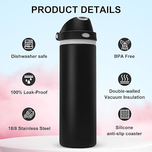 Miniatura 5 de Botella de agua aislada de 24 onzas con popote, botella de agua de acero inoxidable a prueba de fugas, tapa 2 en 1 con tapa abatible de un solo Negro