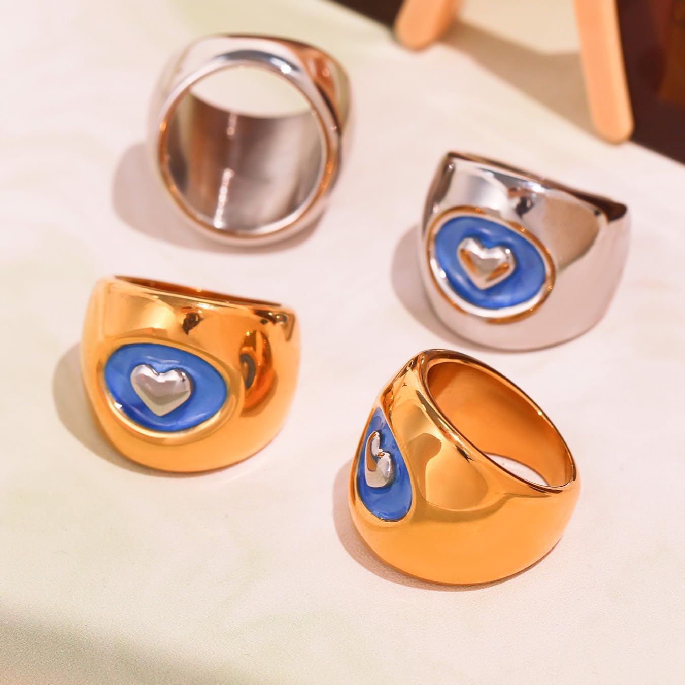 Kokoma Dainty Heart Statement Ring for Women Minimalist Stainless Steel Thick Chunky Dome Band Rings Blue Hearts Stacking Promise Bands Jewelry - Image 4