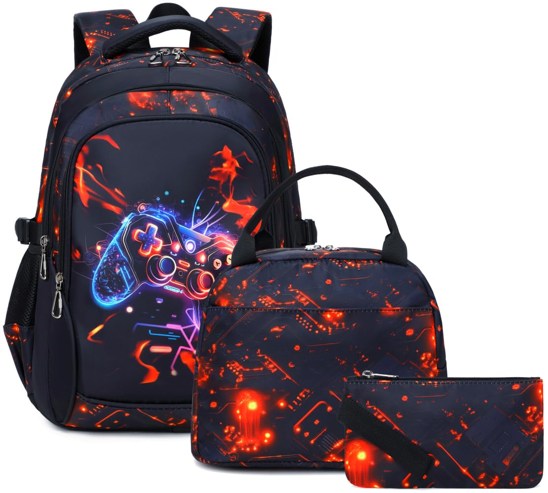 Schulrucksack Jungen Teenager Rucksäcke Kinder Schulranzen Grundschule Mittel Buchtasche Große Wasserfest 18 Zoll Mittagstasche 3 Pcs